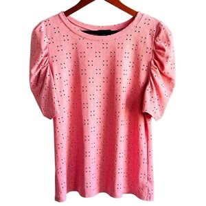 STITCH Short Puff Sleeve Top Pink Eyelet Jersey Women's Medium Round Neckline